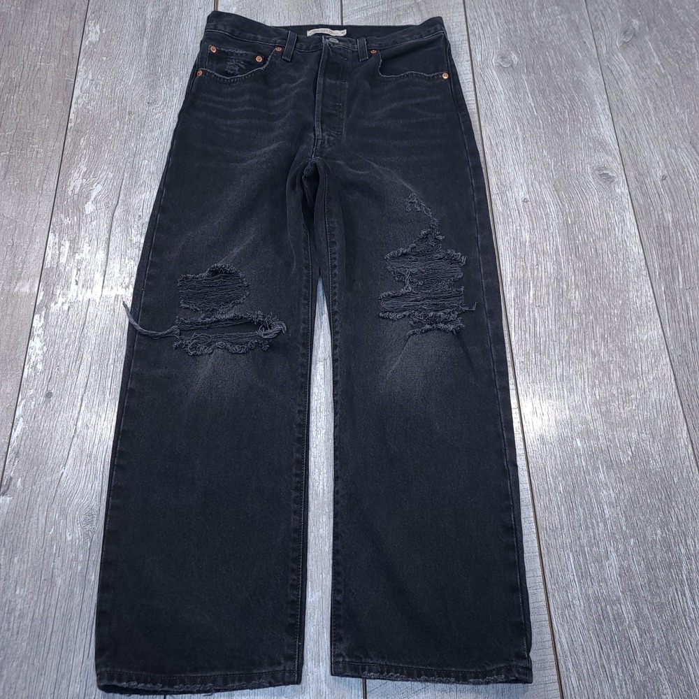 Levi's Ribcage Straight Ankle Jeans Women 30 Black Distressed High Rise Denim